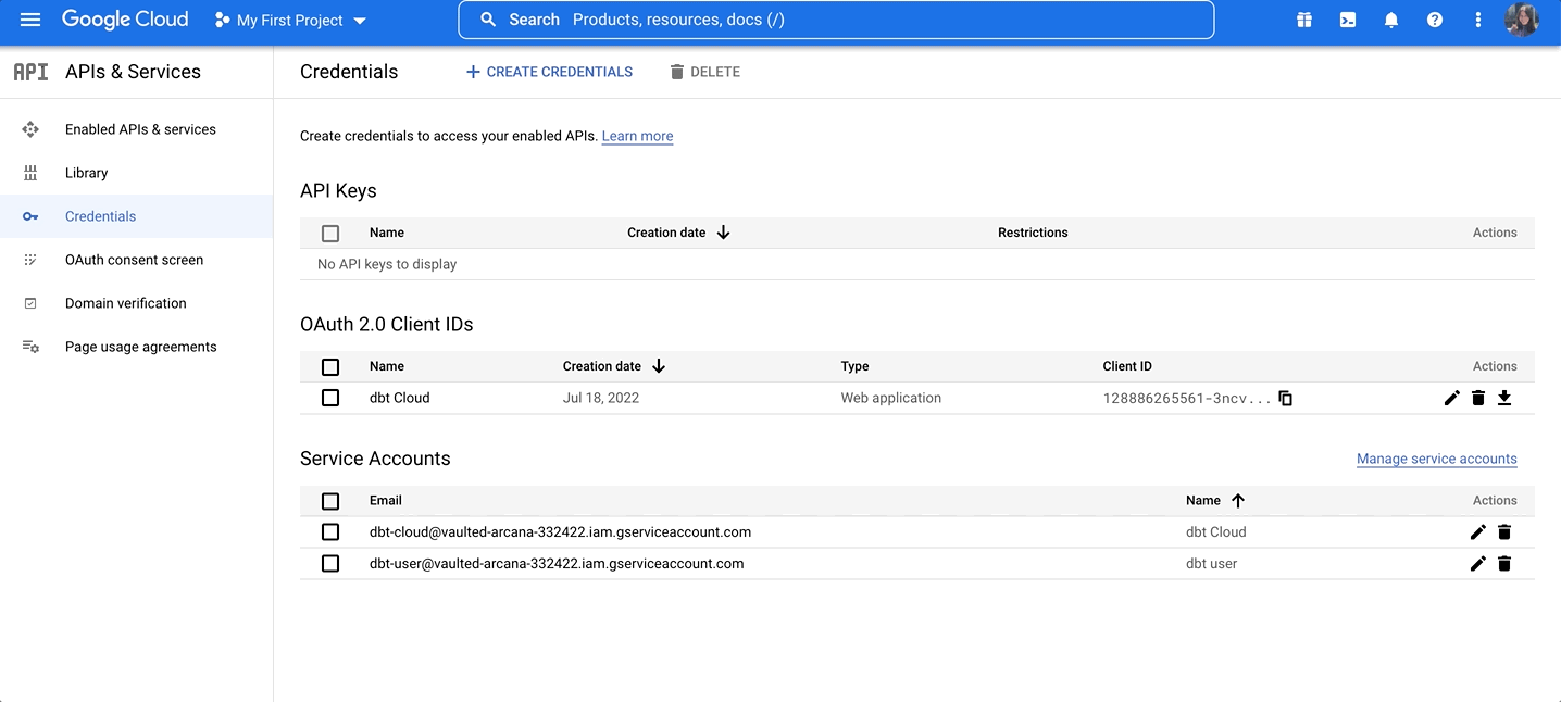 BigQuery navigation to credentials